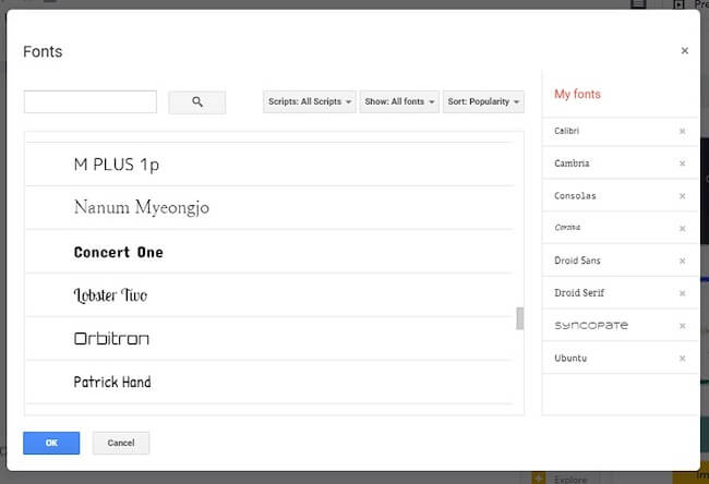 Fonts option