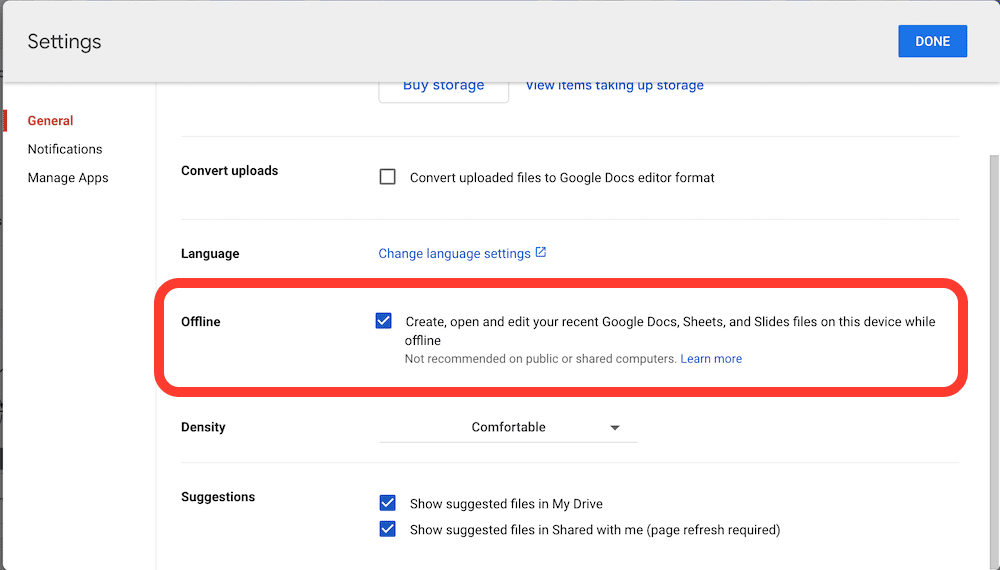 Google docs offline setting