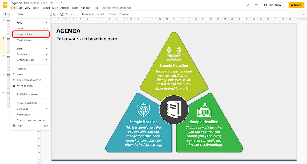 Import slides from menu option in Google Slides