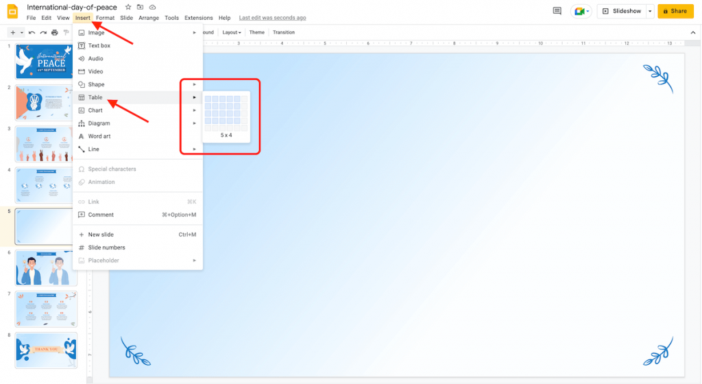 Inserting table in google slides