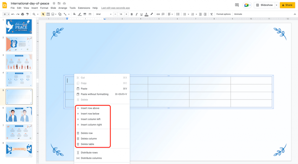 Insert and Delete Table Rows and Columns in Google Slides