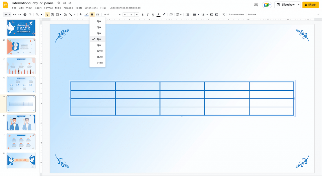 Border weight of Table in Google Slides