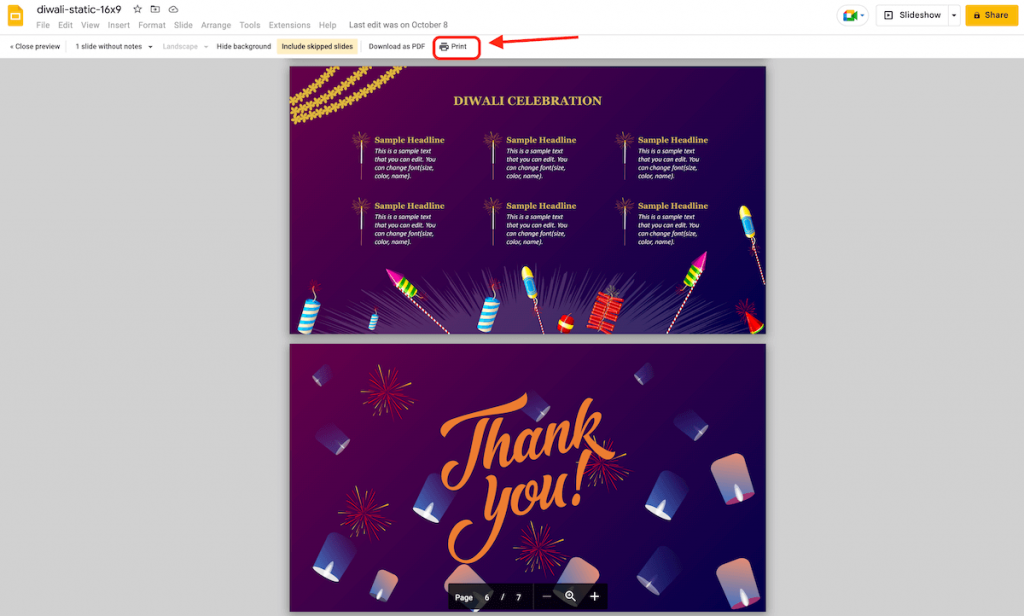 Print settings and preview in google slides