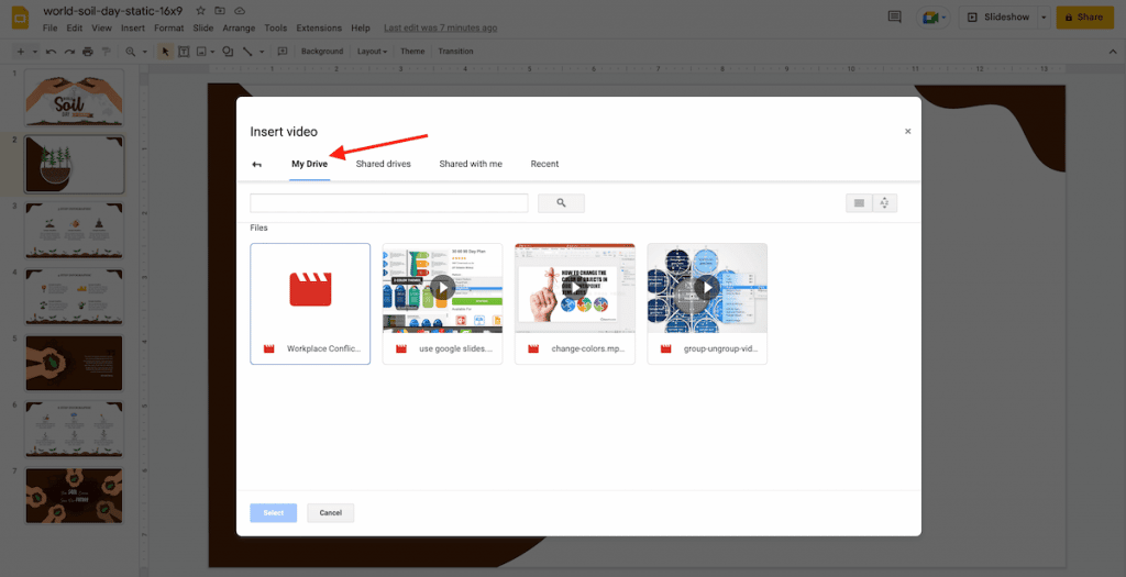 Upload video option in Google Slides