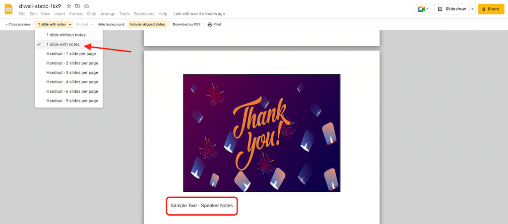 Print slides with speaker notes in google slides