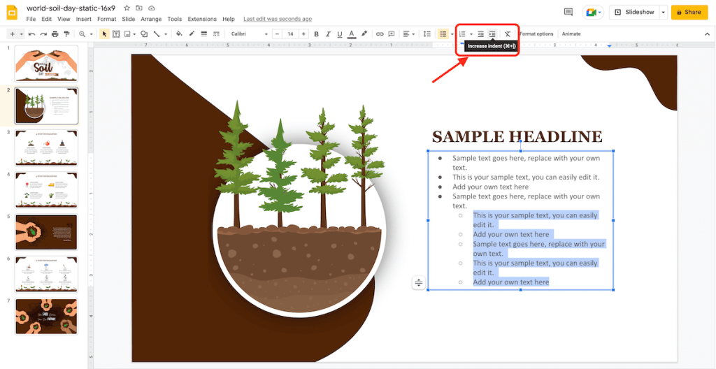 indent option in bullet points in google slides