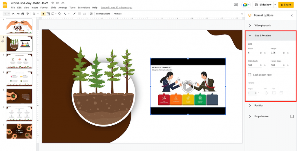 Video Size & Rotation option in Google Slides