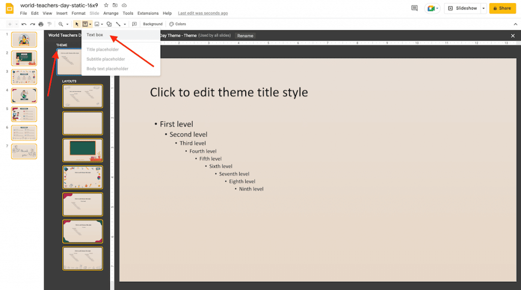 add text box in theme slide in google slides