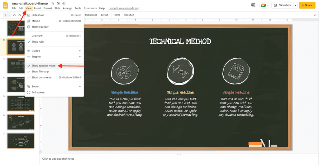 Show Speaker Notes option in Google Slides