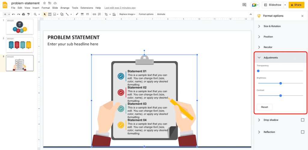 Image adjustment options in Google Slides