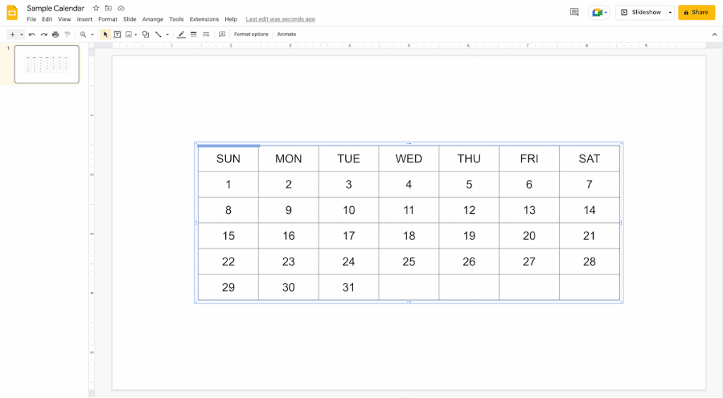 Add Calendar Data in Table in Google Slides