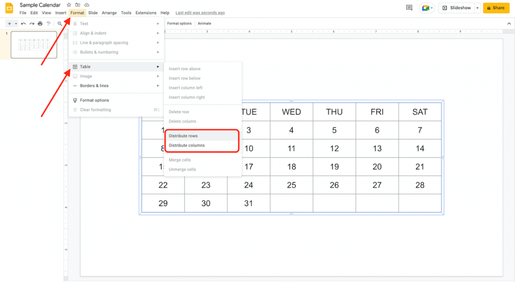 Format table in Google Slides