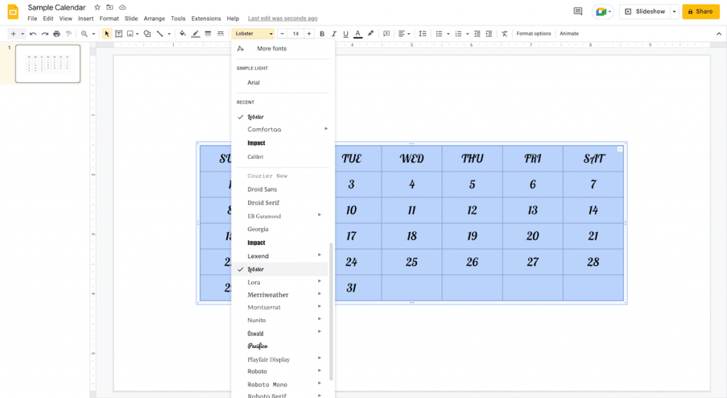 Text font change in Google Slides