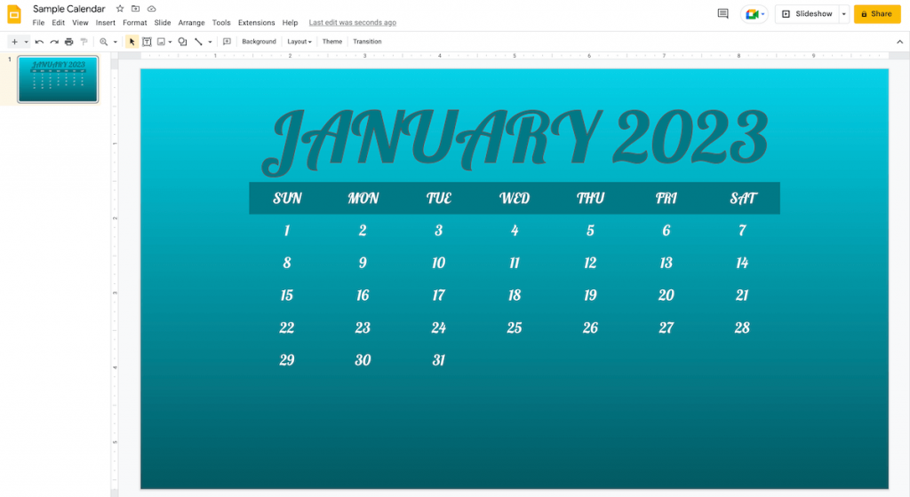January 2023 Calendar in Google Slides
