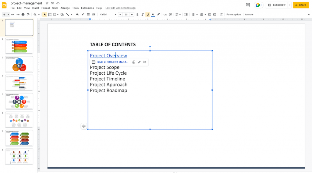 Edit table of content in Google Slides