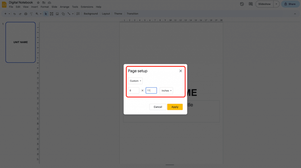 Page Setup in Google Slides