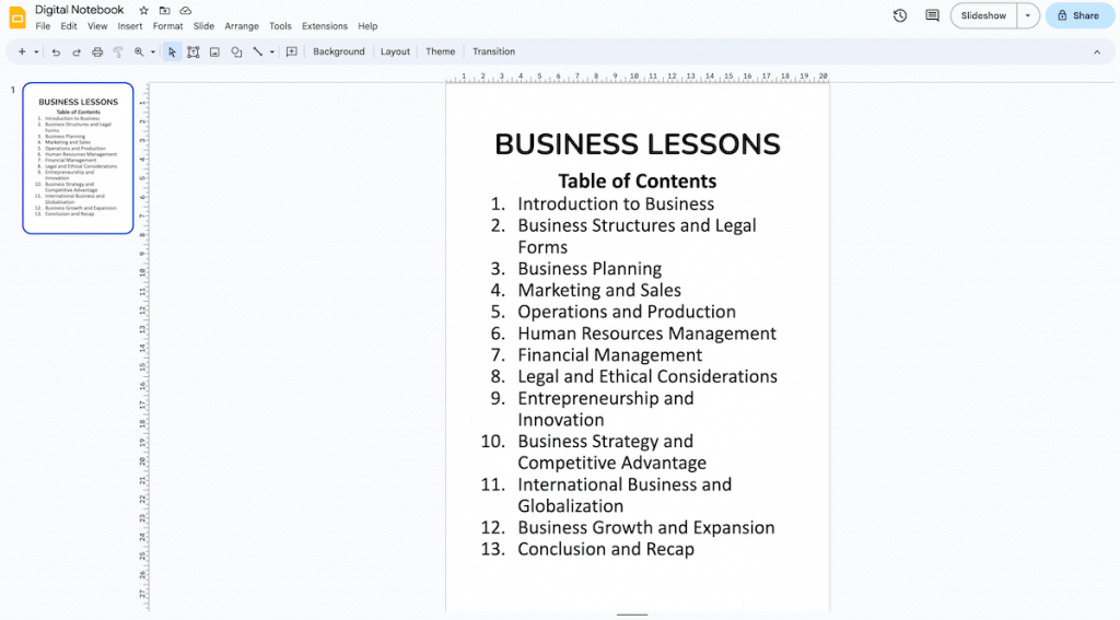 Table of Content in Google Slides