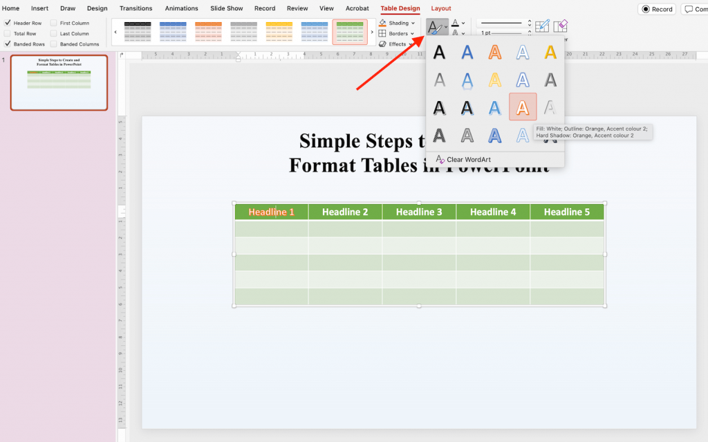 Word Art in PowerPoint Table