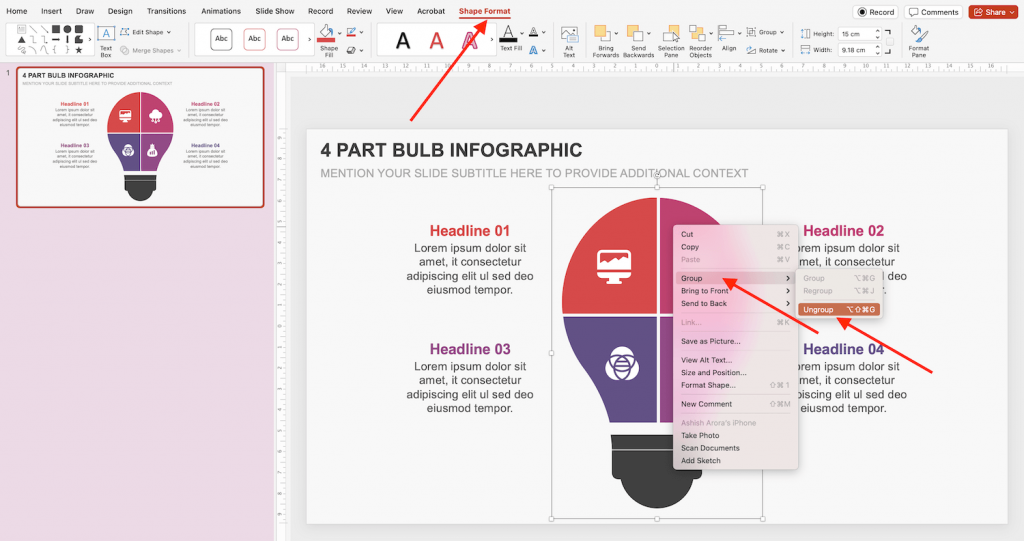 Ungroup Elements in PowerPoint (By Right Click Option)